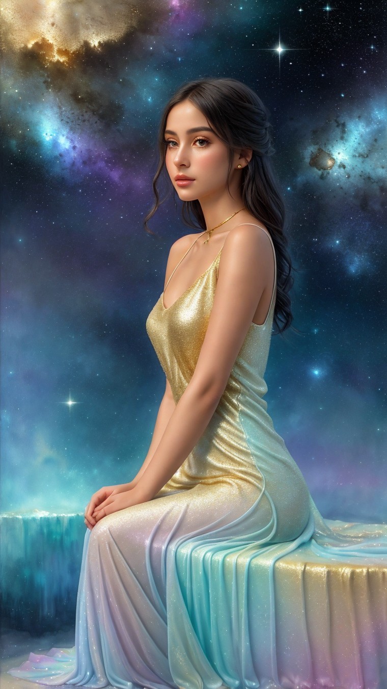 Young woman in gold and white dress on cosmic surface
