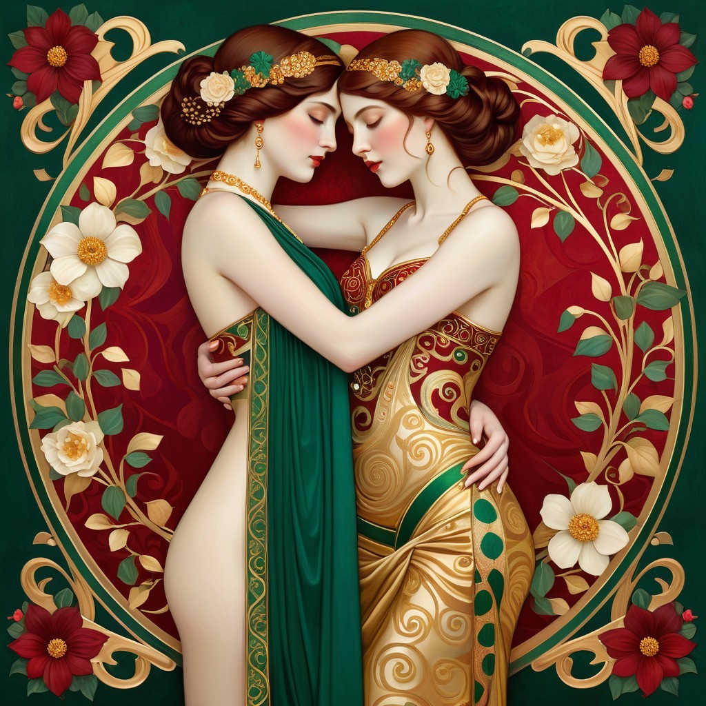 Elegant Embrace of Two Women in Floral Motif