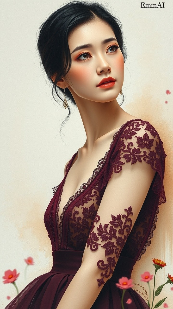 Portrait of a Young Woman in Elegant Burgundy Gown