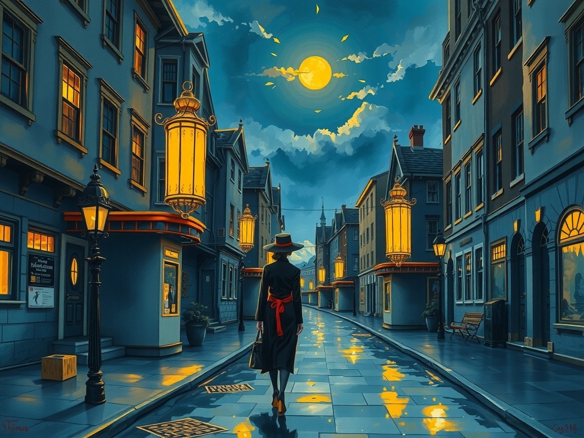 Moonlit street scene with charming buildings and figure