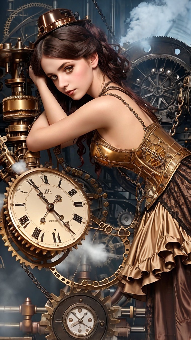 Young woman in steampunk attire beside clockwork gears
