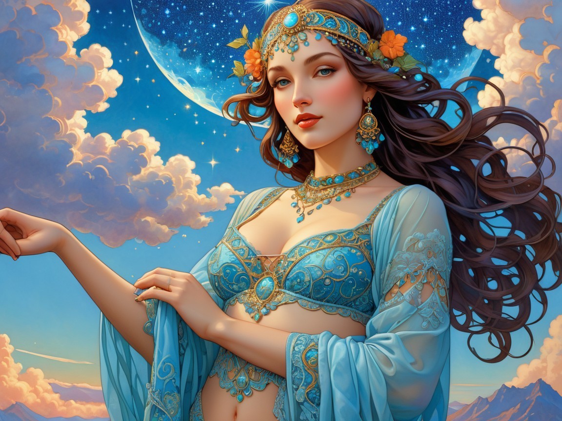 Elegant Woman in Turquoise Outfit Against Moonlit Sky