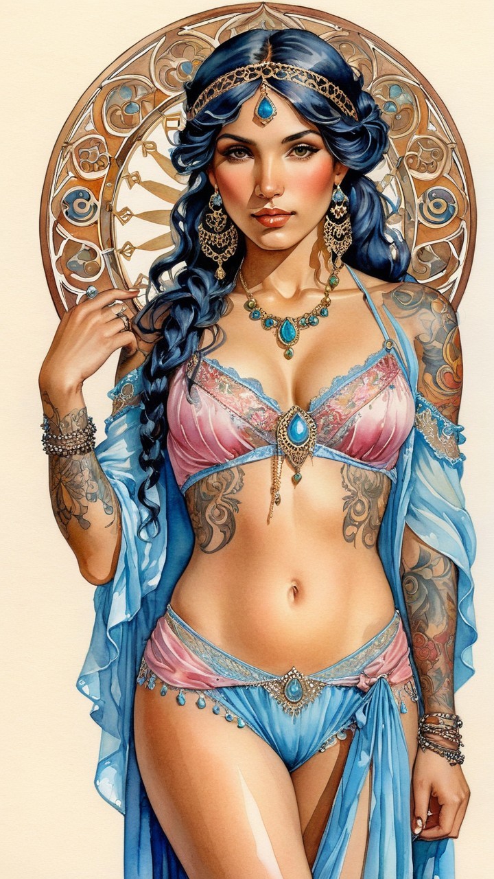 Woman with Dark Blue Hair and Intricate Tattoos