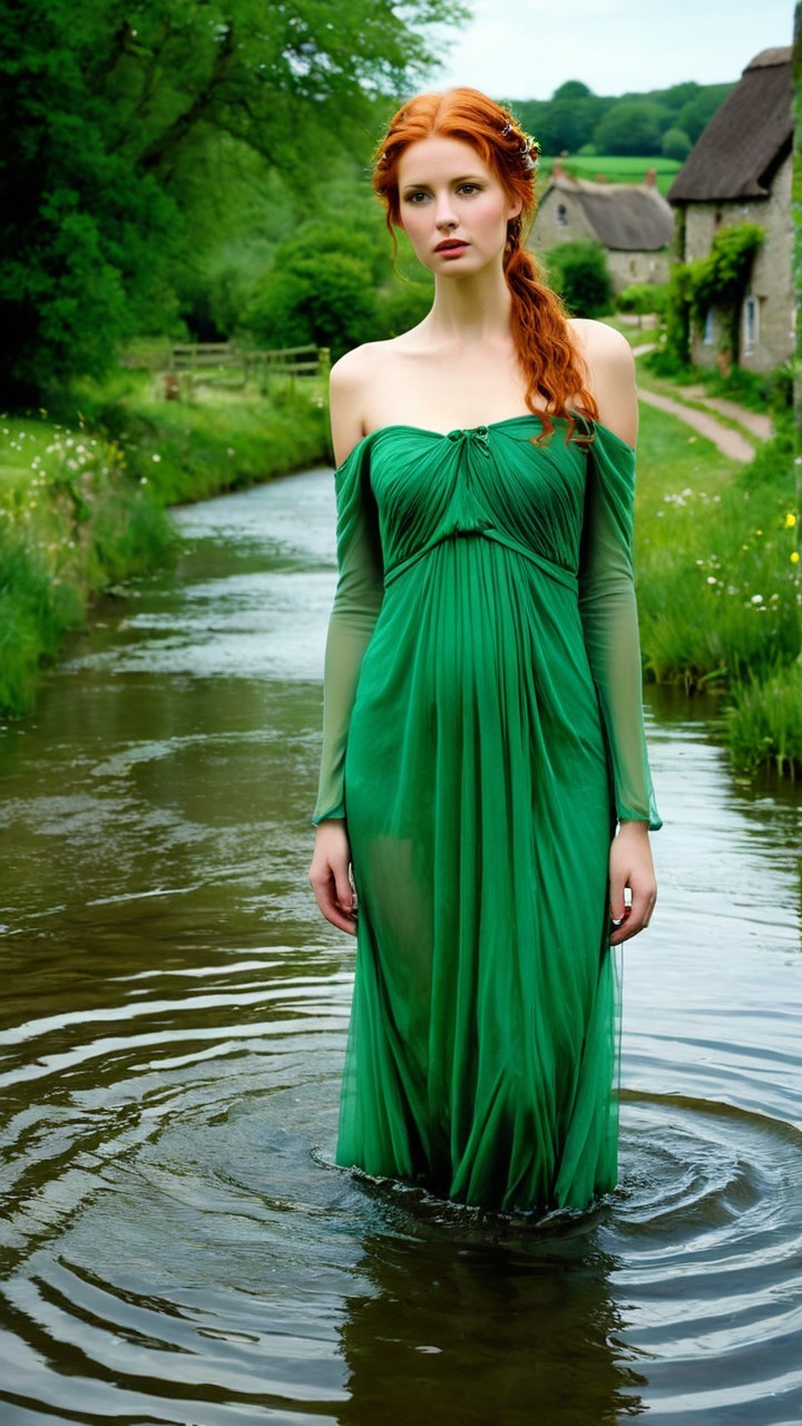 Woman in flowing green gown by serene stream