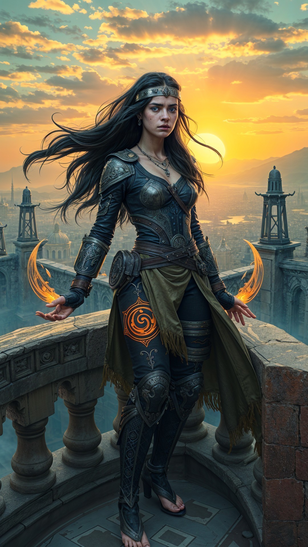 Sorceress in Dark Armor on Stone Balcony at Sunset