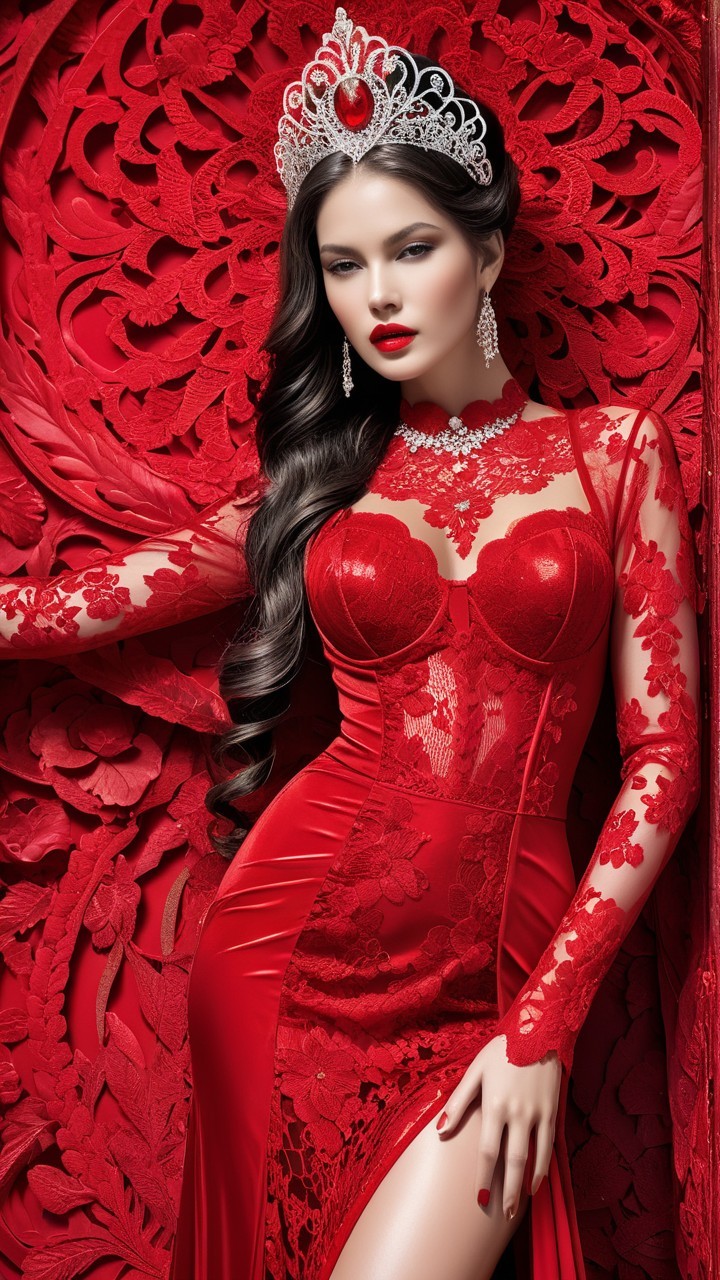 Elegant Woman in Red Gown with Lace Details