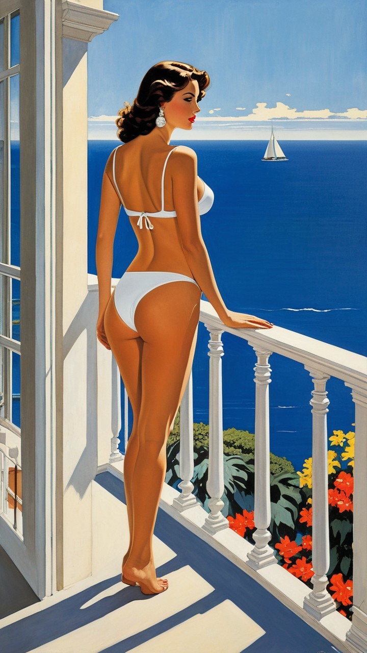 Glamorous Woman in White Bikini on Balcony by Sea