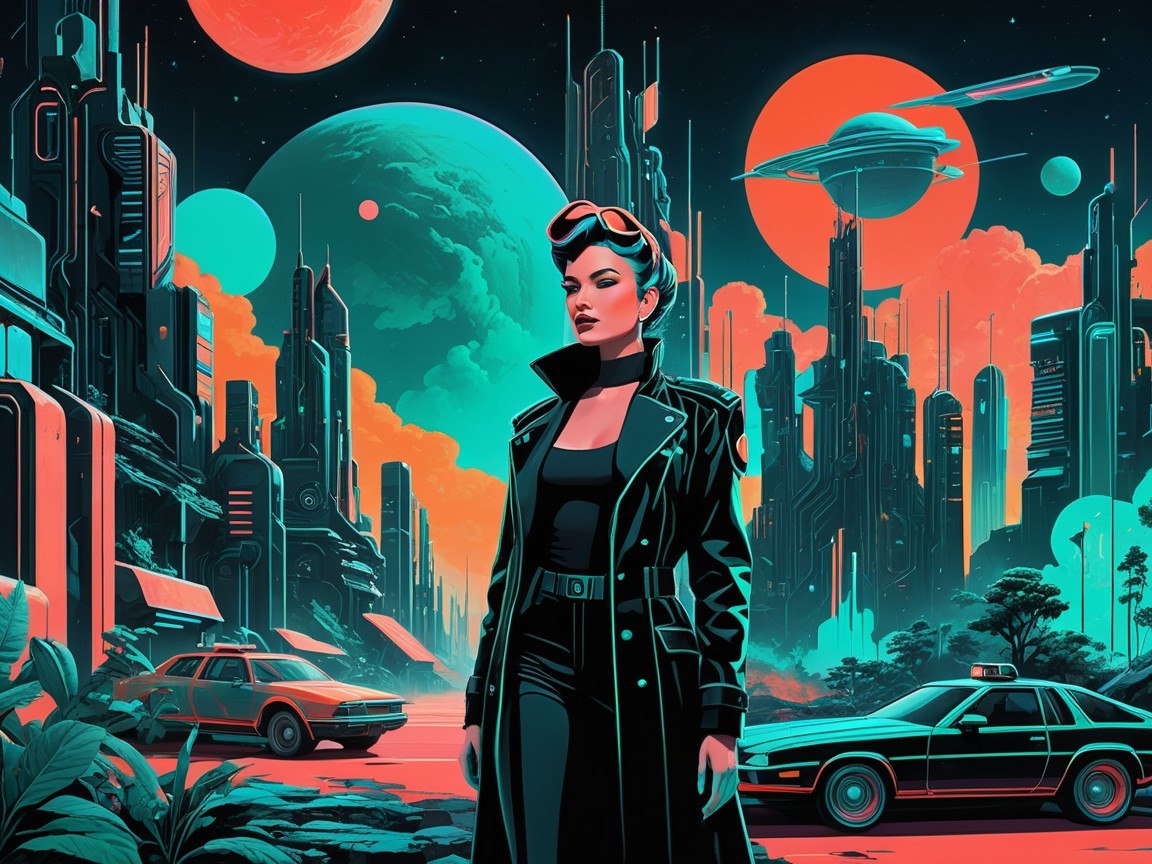 Futuristic cityscape with stylish woman in black coat