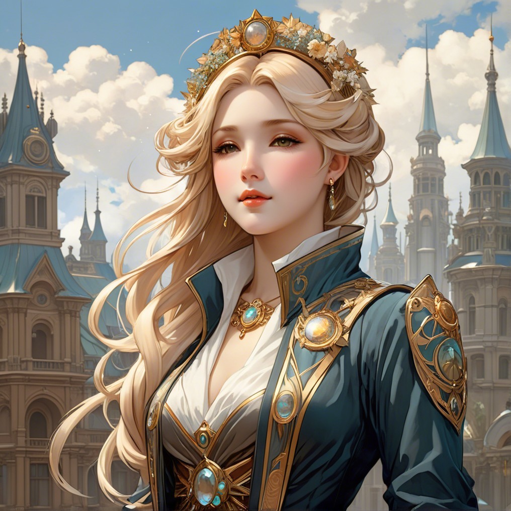 Regal figure in ornate architecture with floral crown