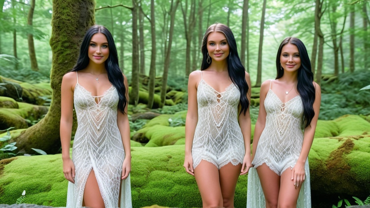 Elegant Women in White Dresses in Serene Forest