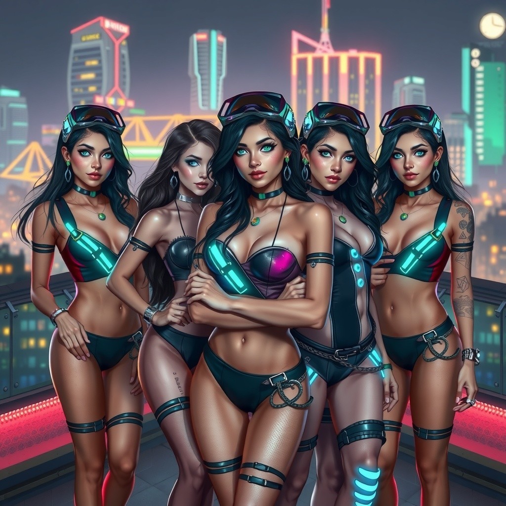 Futuristic Cityscape with Women in High-Tech Swimwear