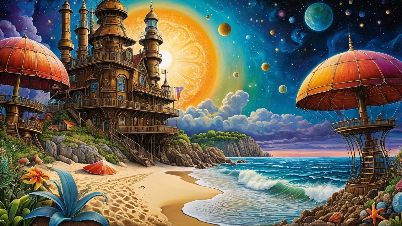 Whimsical Beach Scene with Fantastical Castle and Sun