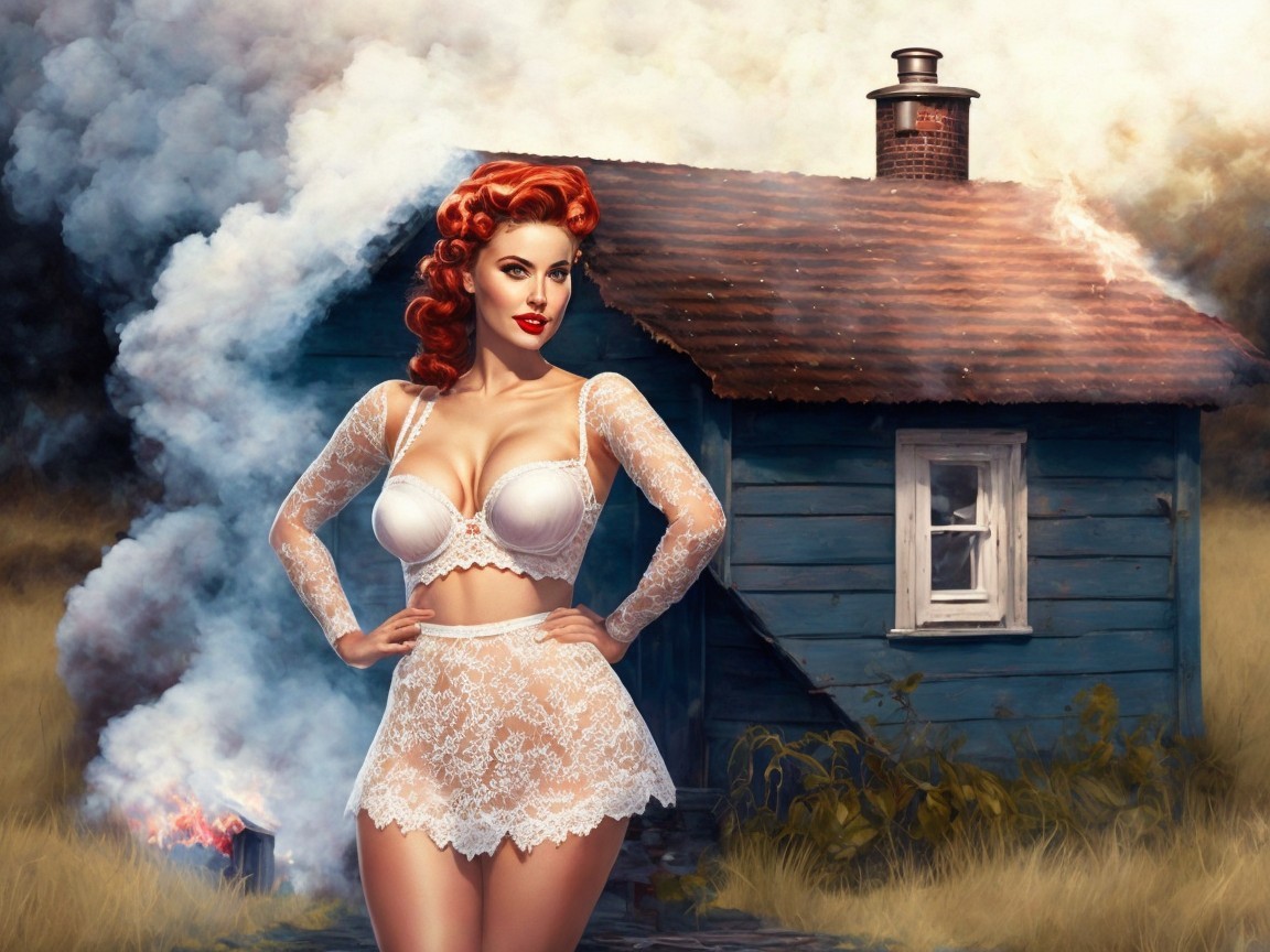 Vintage Pin-Up Model in Rustic Blue Cottage Setting