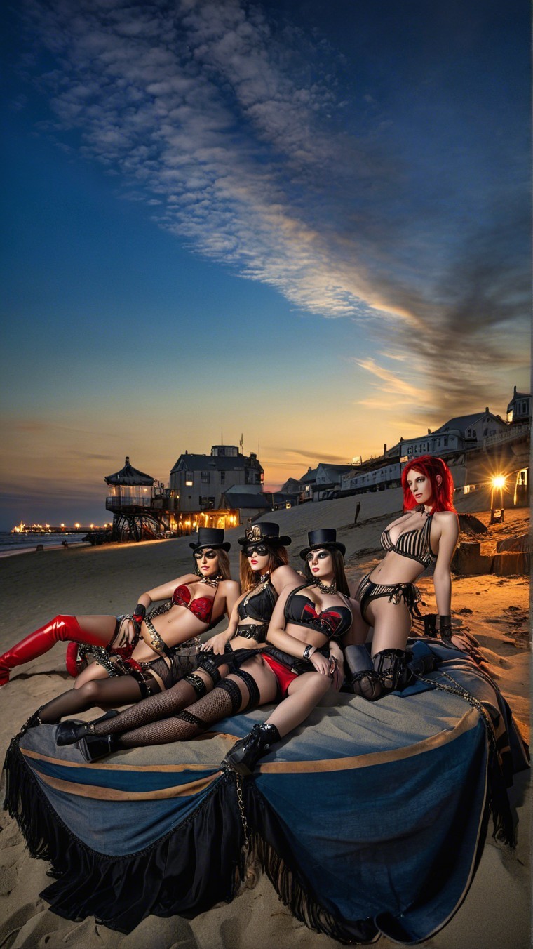 Twilight Beach Scene with Models in Edgy Outfits