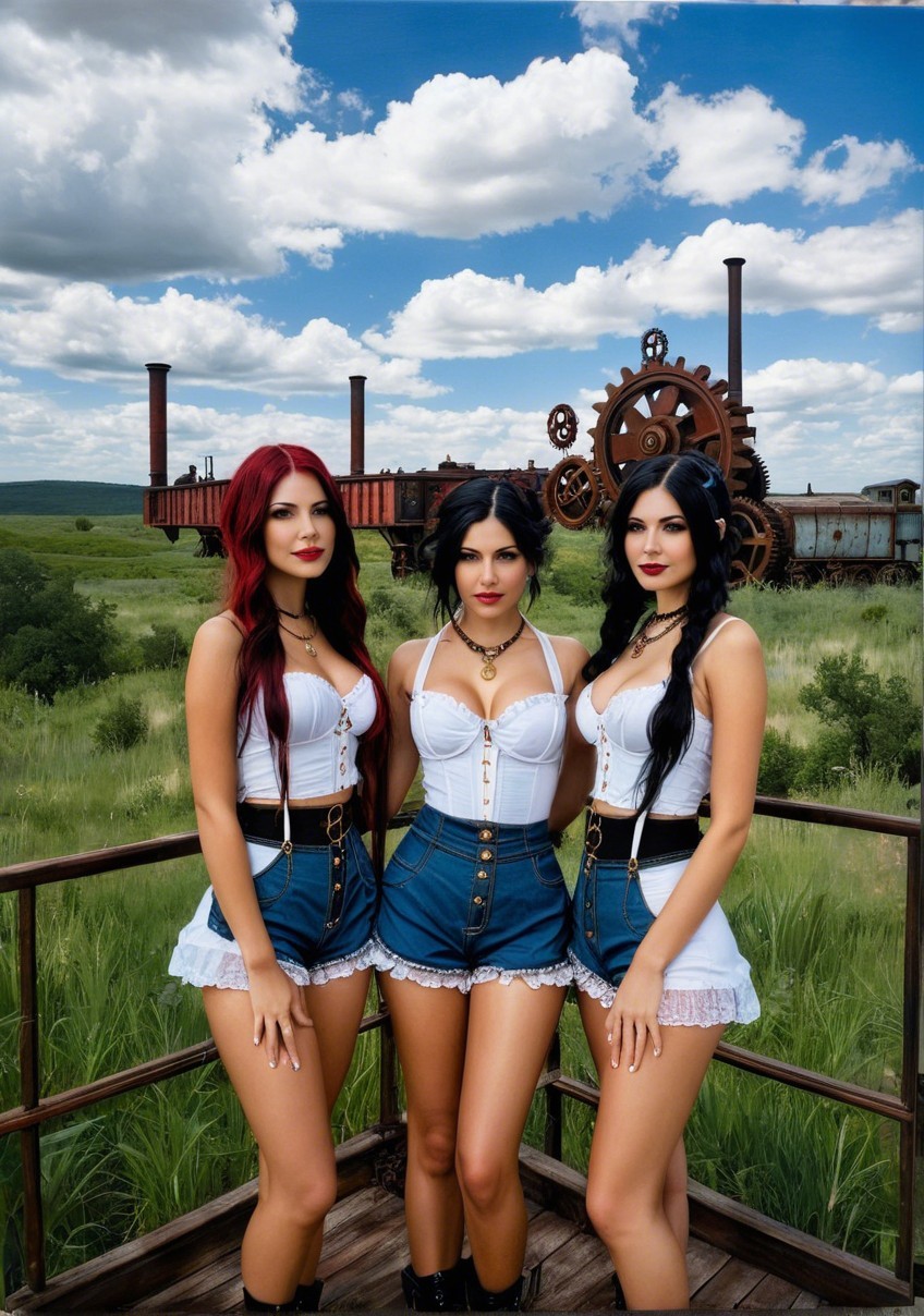 Women in Stylish Outfits on Rustic Platform with Train