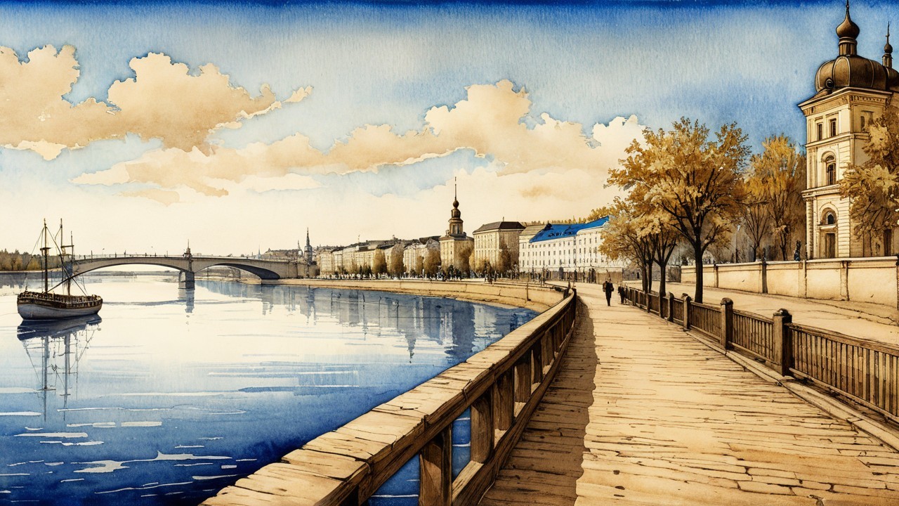 Serene Riverside Walkway with Autumn Colors and Boat
