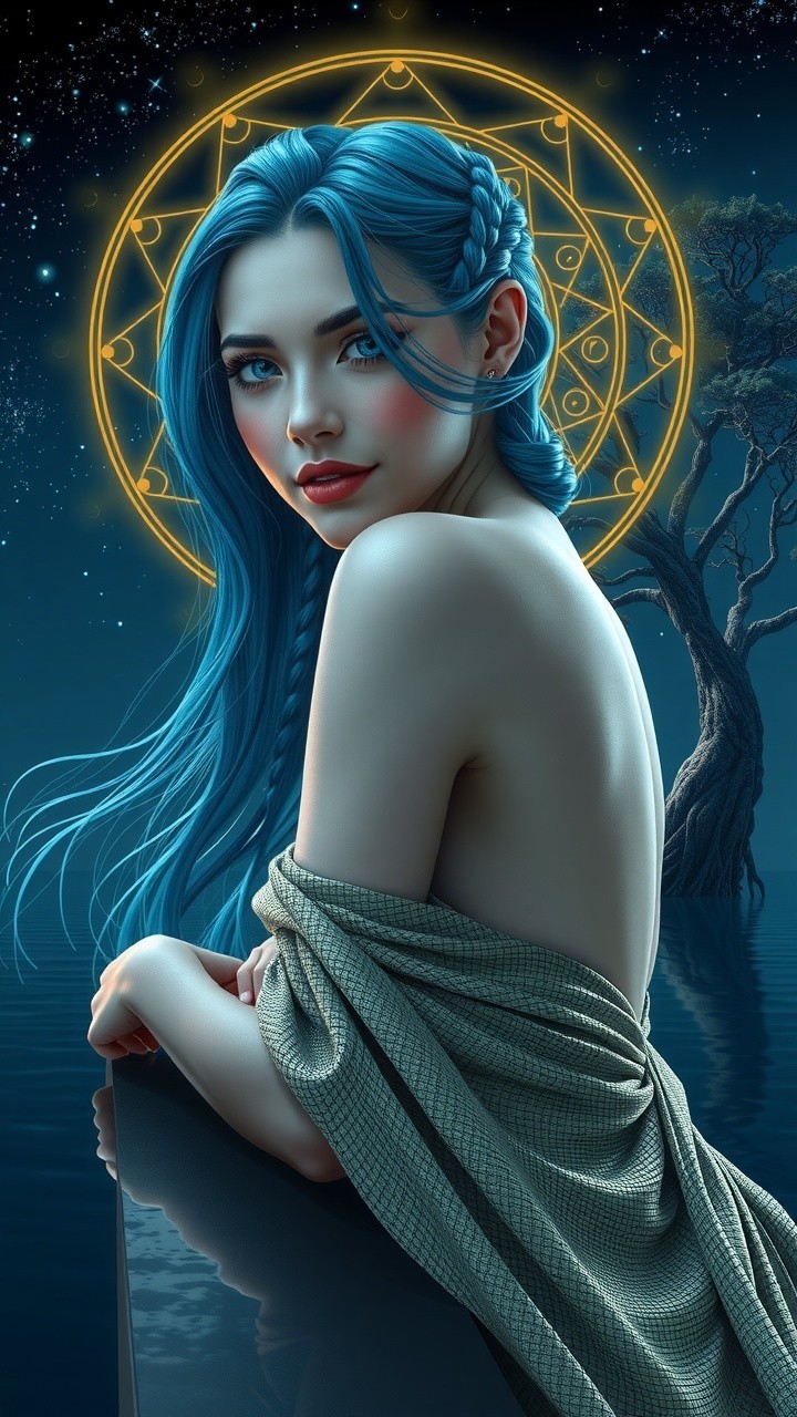 Digital Portrait of Woman with Blue Hair and Halo