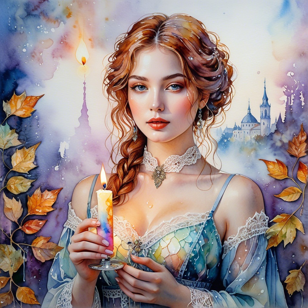 Young woman with auburn hair and colorful candle