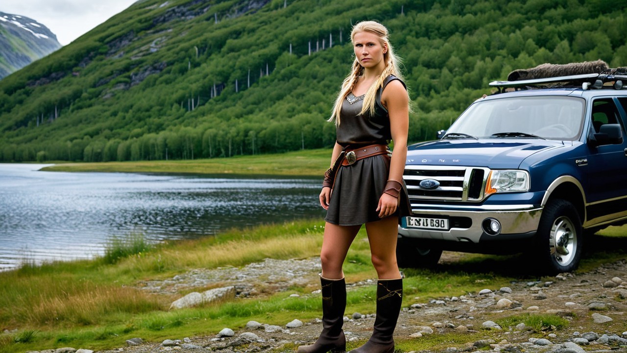 Woman by Lake in Brown Tunic and Tall Boots