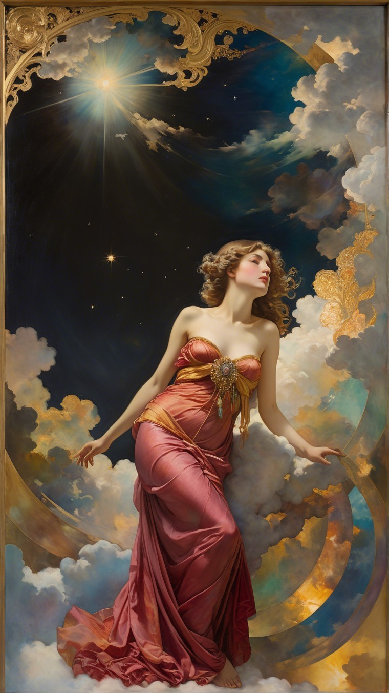 Ethereal Woman in Pink Gown Among Swirling Clouds