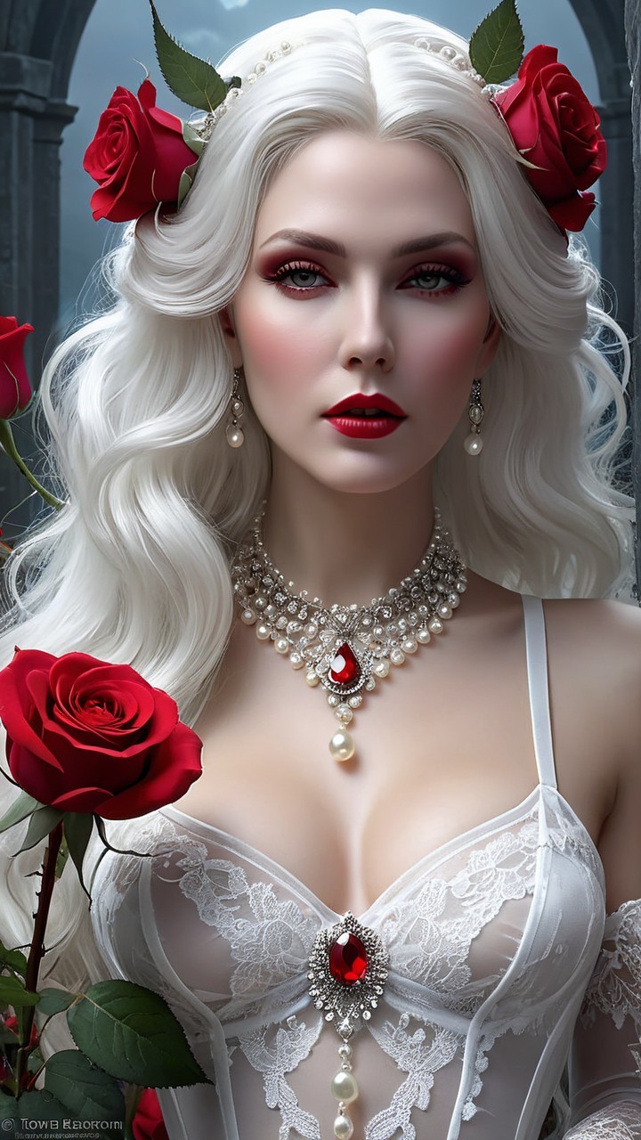 Woman with White Hair and Red Roses in Mystical Setting