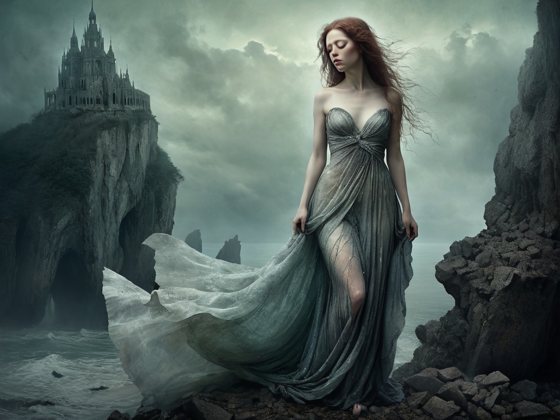 Mysterious Woman in Ethereal Gown by Sea and Castle