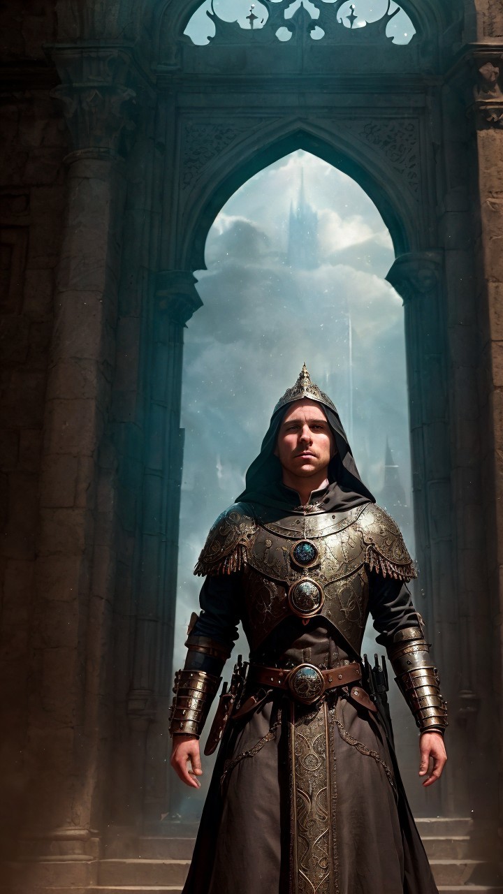 Majestic figure in ancient stone archway with armor