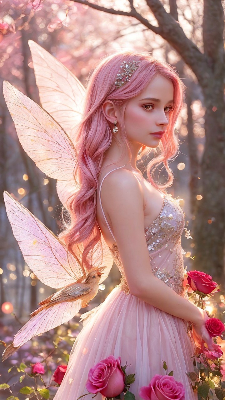 Young Girl in Fairy Gown with Butterfly Wings in Forest