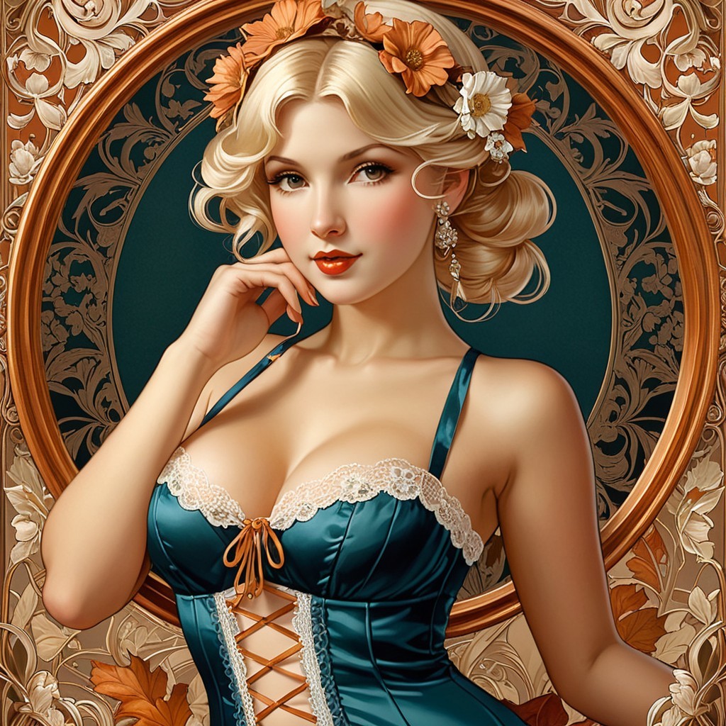 Glamorous Woman in Teal Corset with Floral Accents