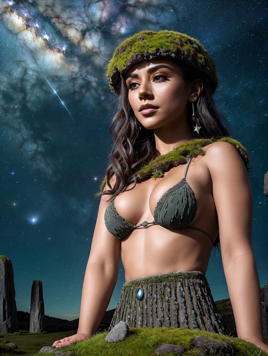 Woman in moss outfit against starry night sky