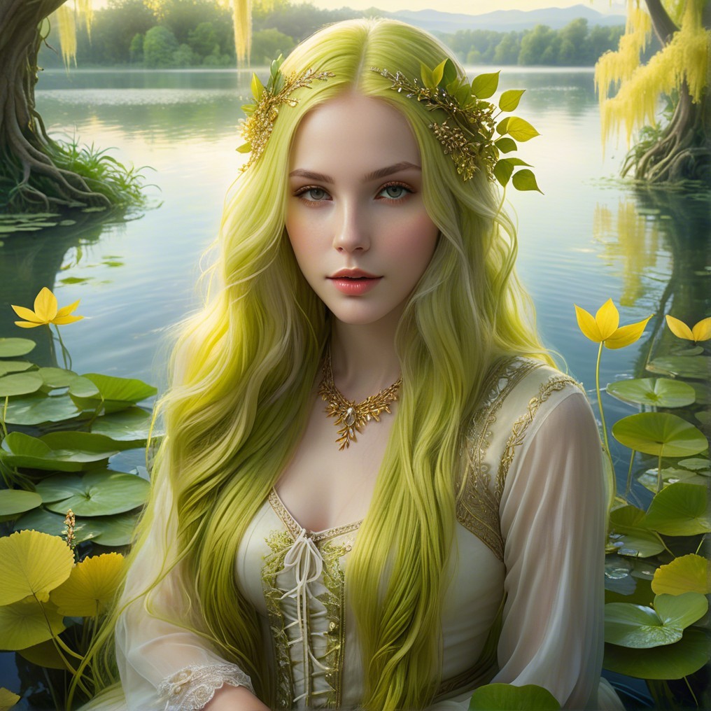 Serene Figure with Green Hair by Tranquil Lake