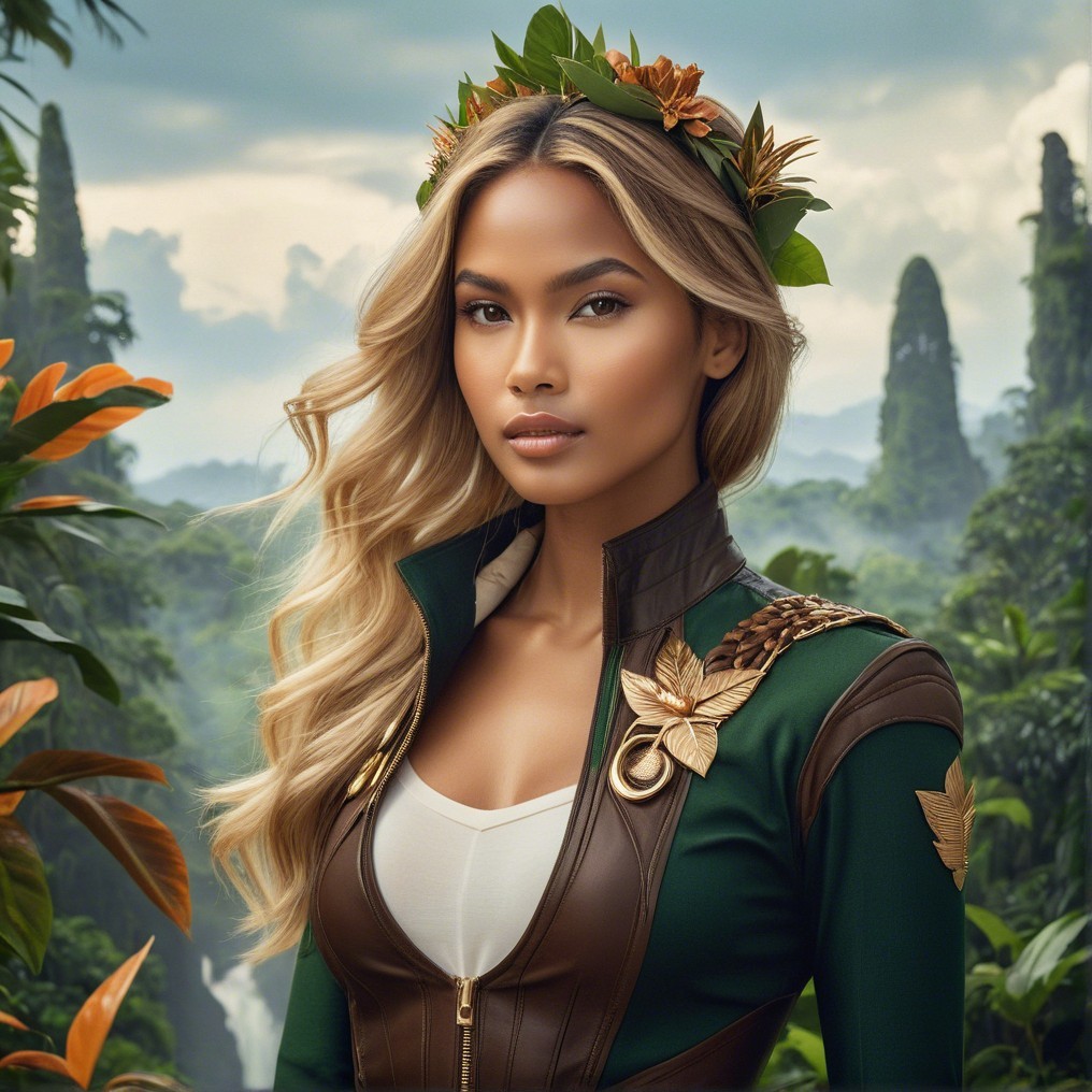 Woman in Jungle with Earthy Costume and Foliage Hair