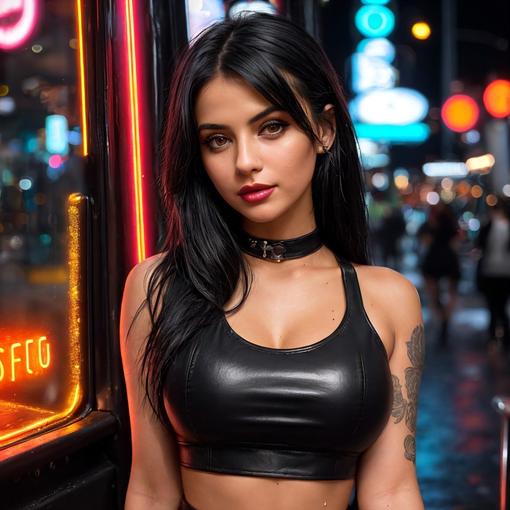 Young woman in neon-lit urban setting with stylish outfit