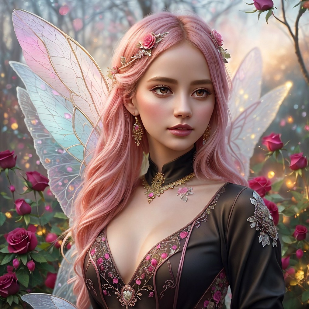 Fairy with Pink Hair and Iridescent Wings in Roses