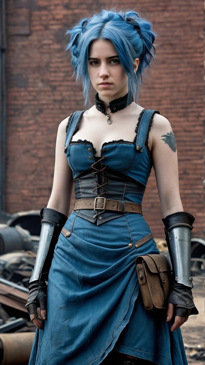 Young woman in blue dress with industrial backdrop
