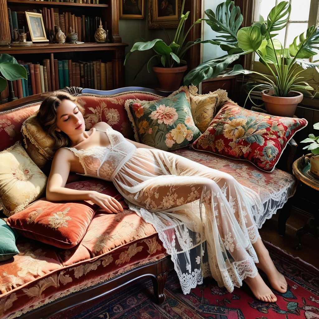 Serene Woman Relaxing on Vintage Couch with Plants
