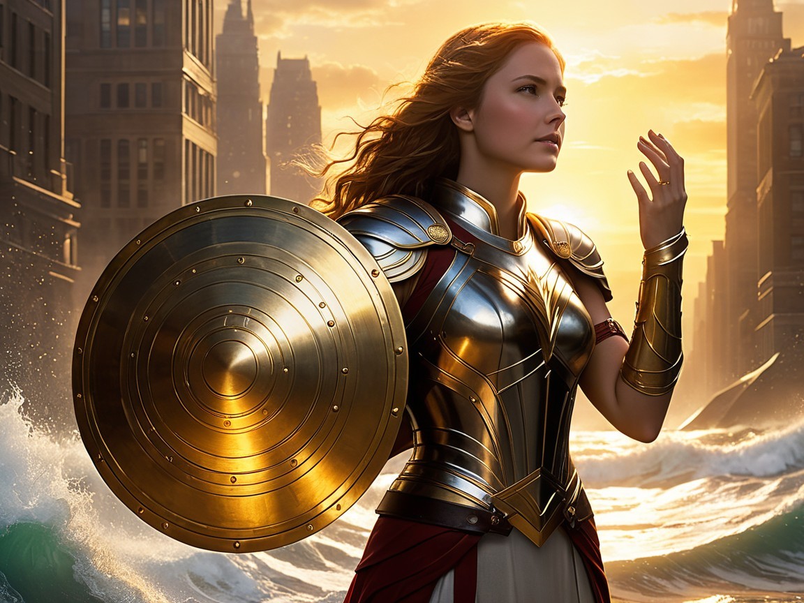 Warrior on Rocky Shore with City Skyline Background
