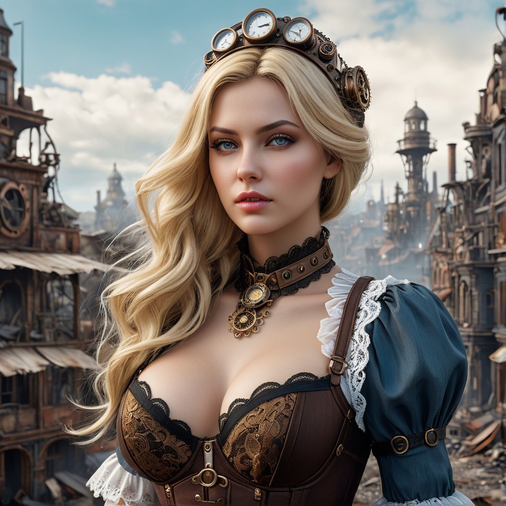 Young Woman in Steampunk Setting with Dystopian Backdrop