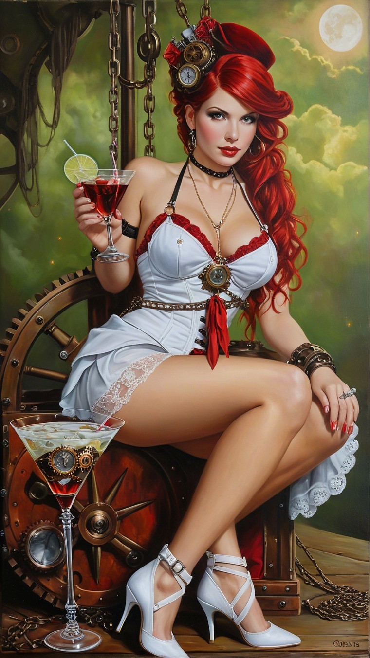 Woman with Red Hair in Steampunk Setting