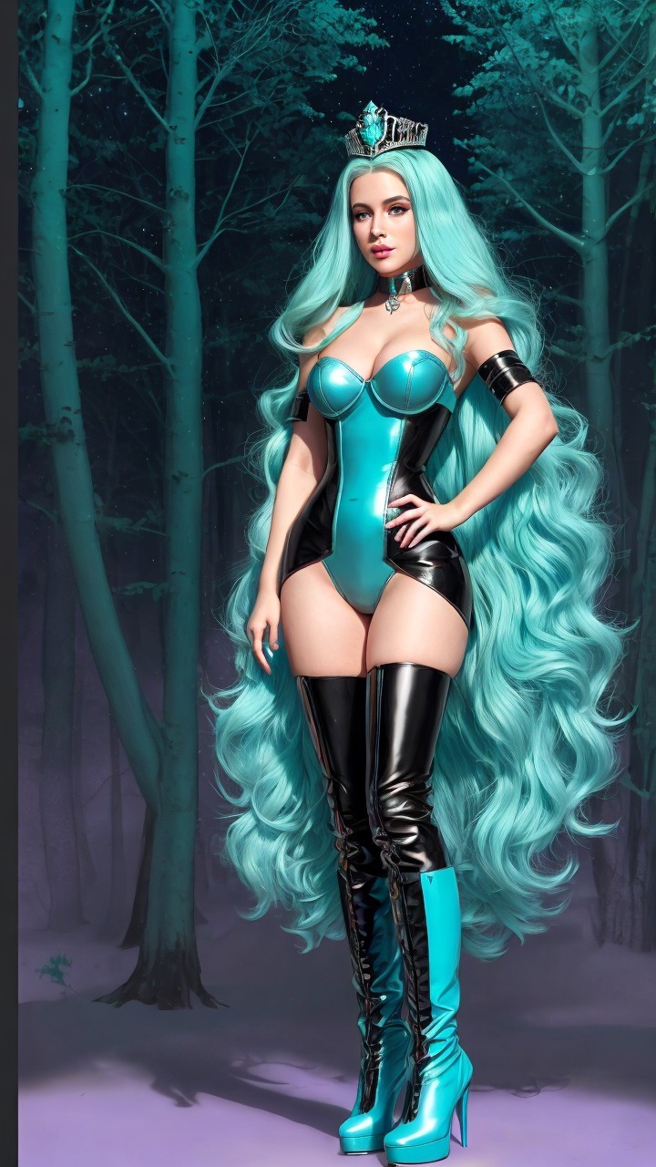 Regal figure in turquoise outfit in a forest setting