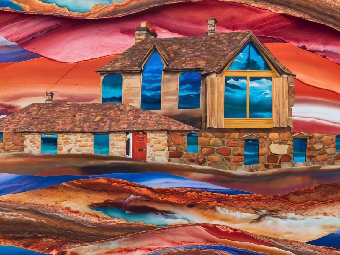 Whimsical Stone House with Colorful Background Waves
