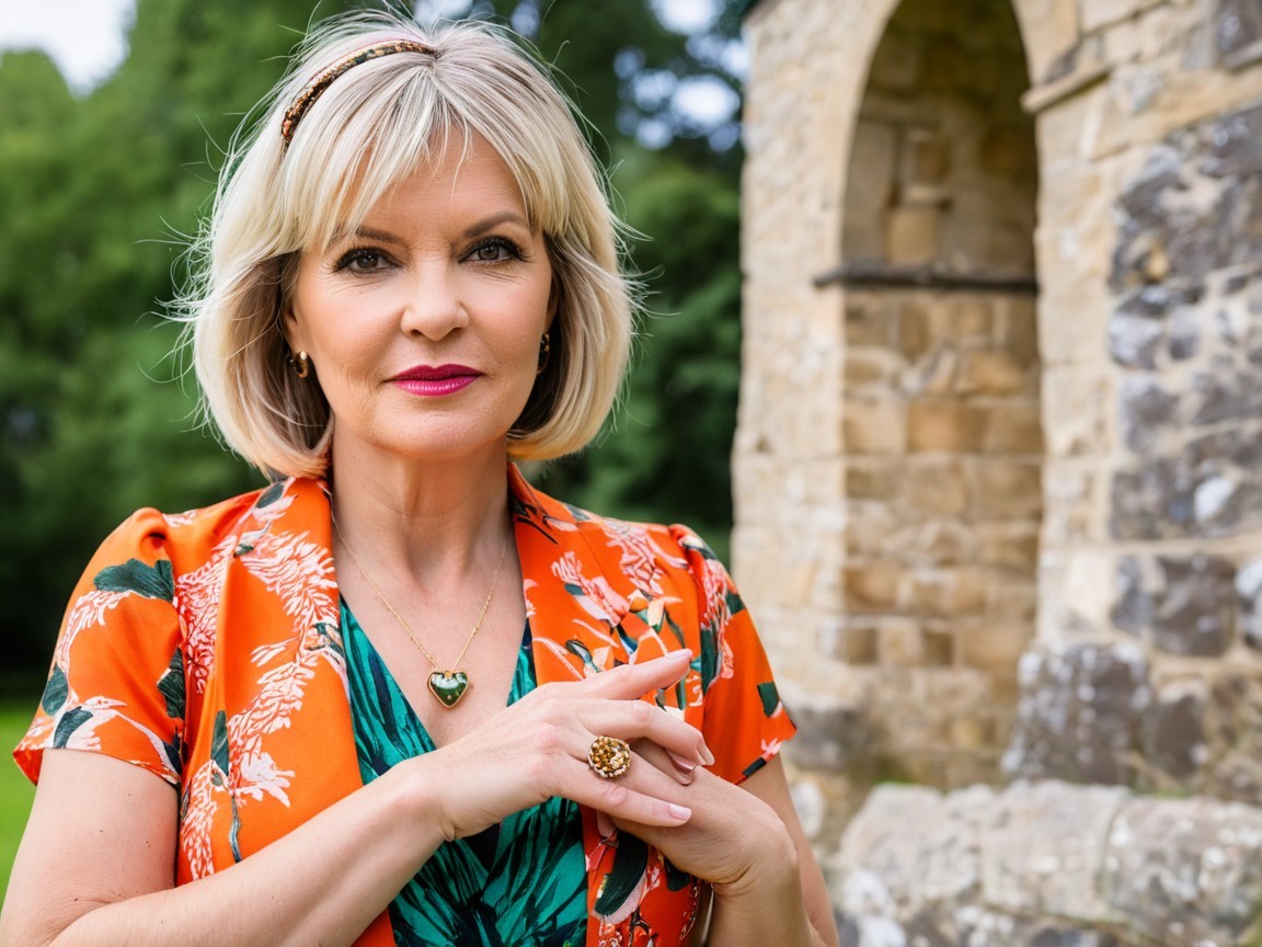 Confident Woman in Floral Shirt by Ancient Stone Structure