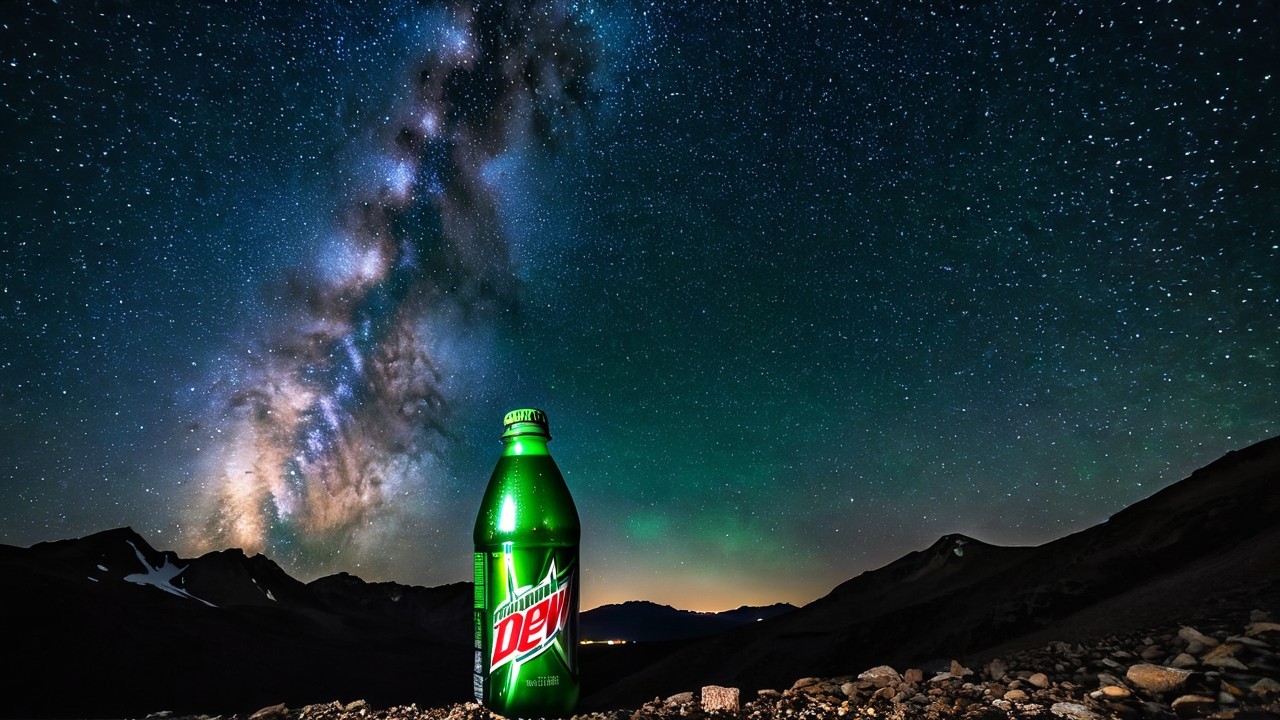 Mountain Dew Bottle Against Starry Night Sky
