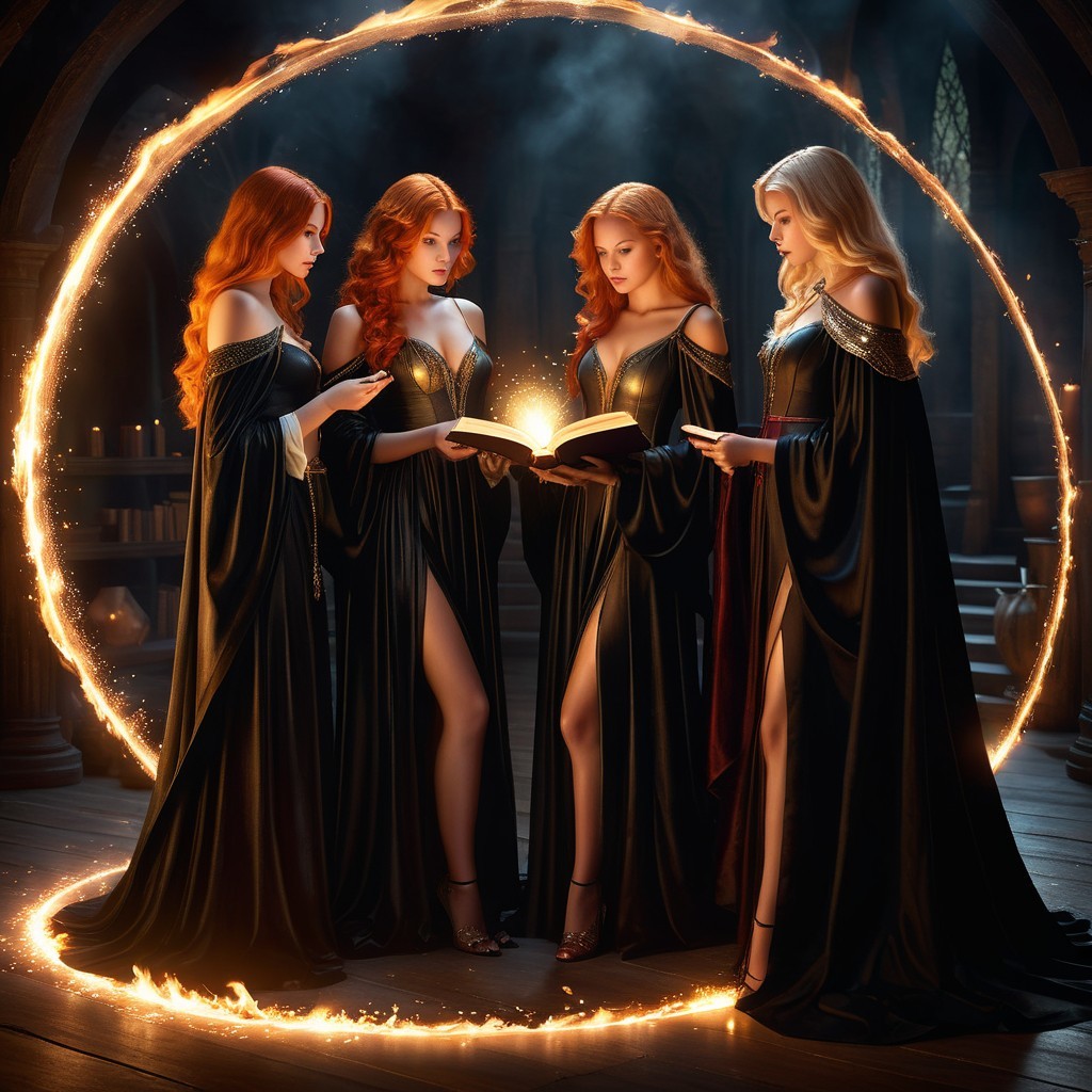 Enchanting Women in Black Gowns with Glowing Book