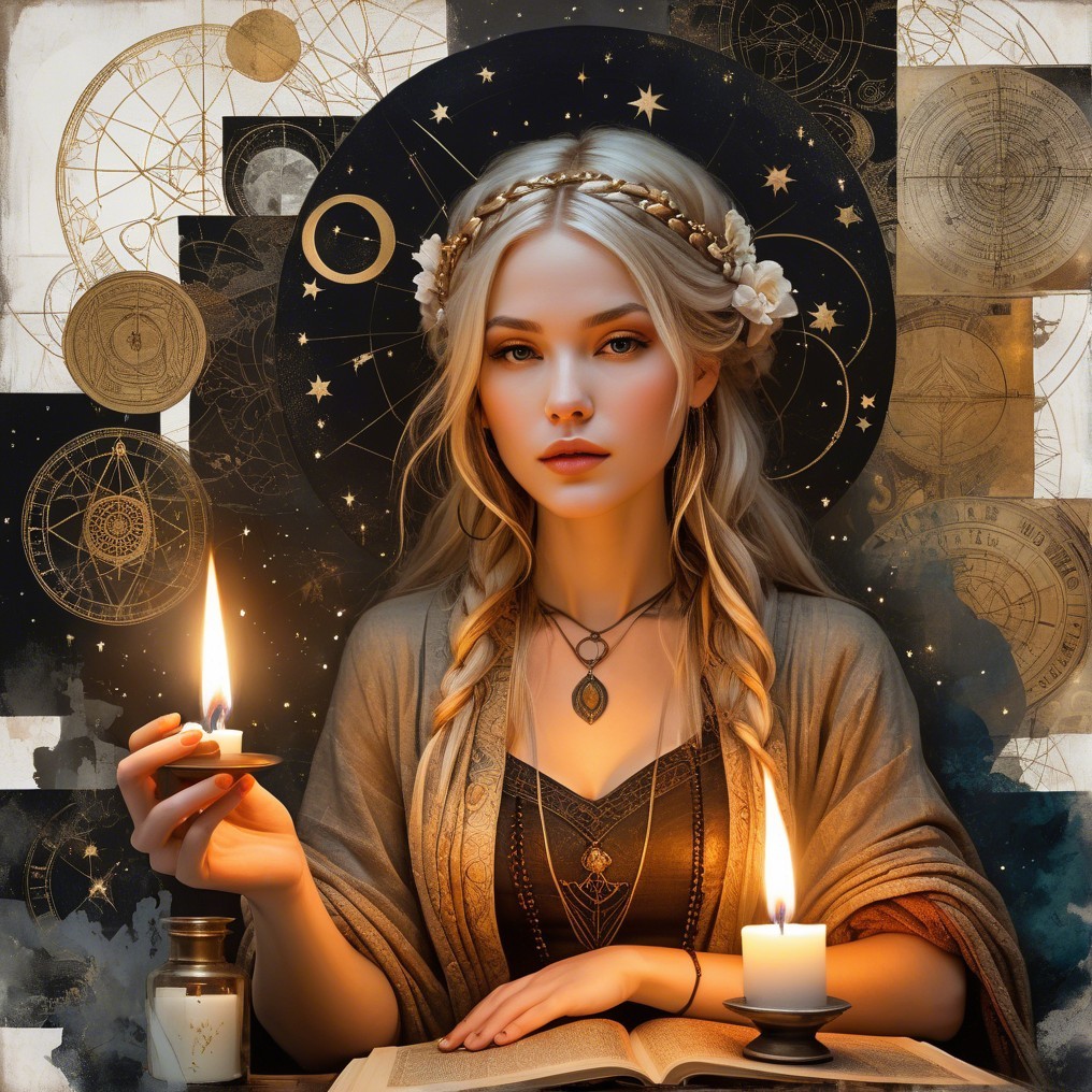 Serene Woman with Candle and Open Book in Celestial Scene