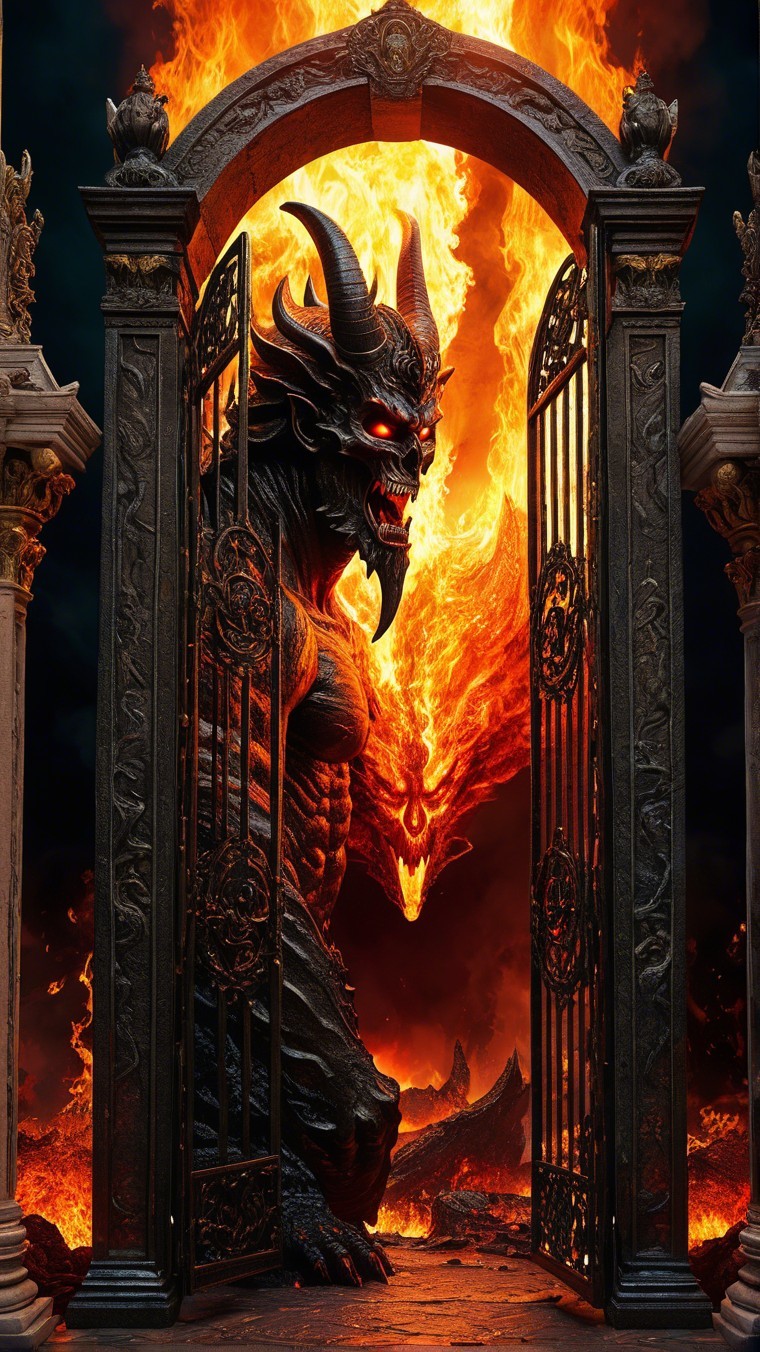 Muscular demon in ornate doorway with fiery backdrop