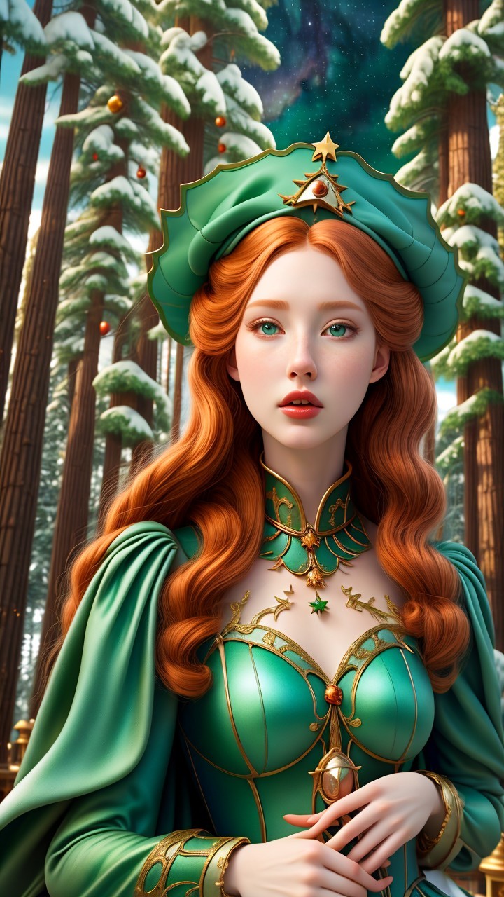 Elegant woman in green gown in a sparkling forest