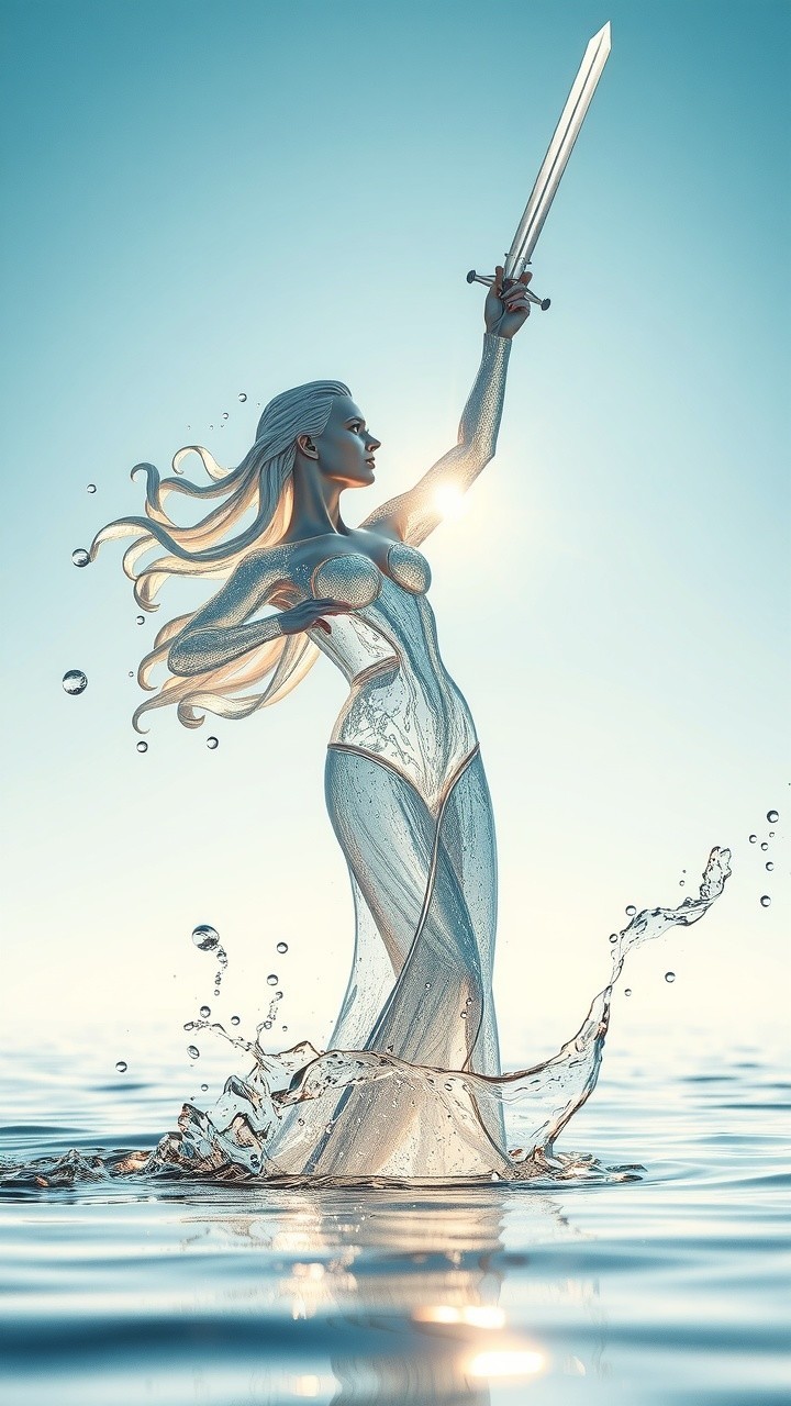 Translucent figure with sword emerges from water