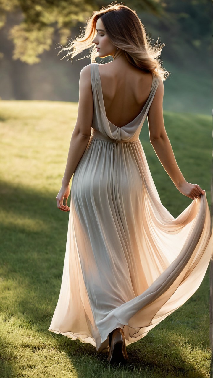 Woman in Flowing Backless Gown in Lush Landscape