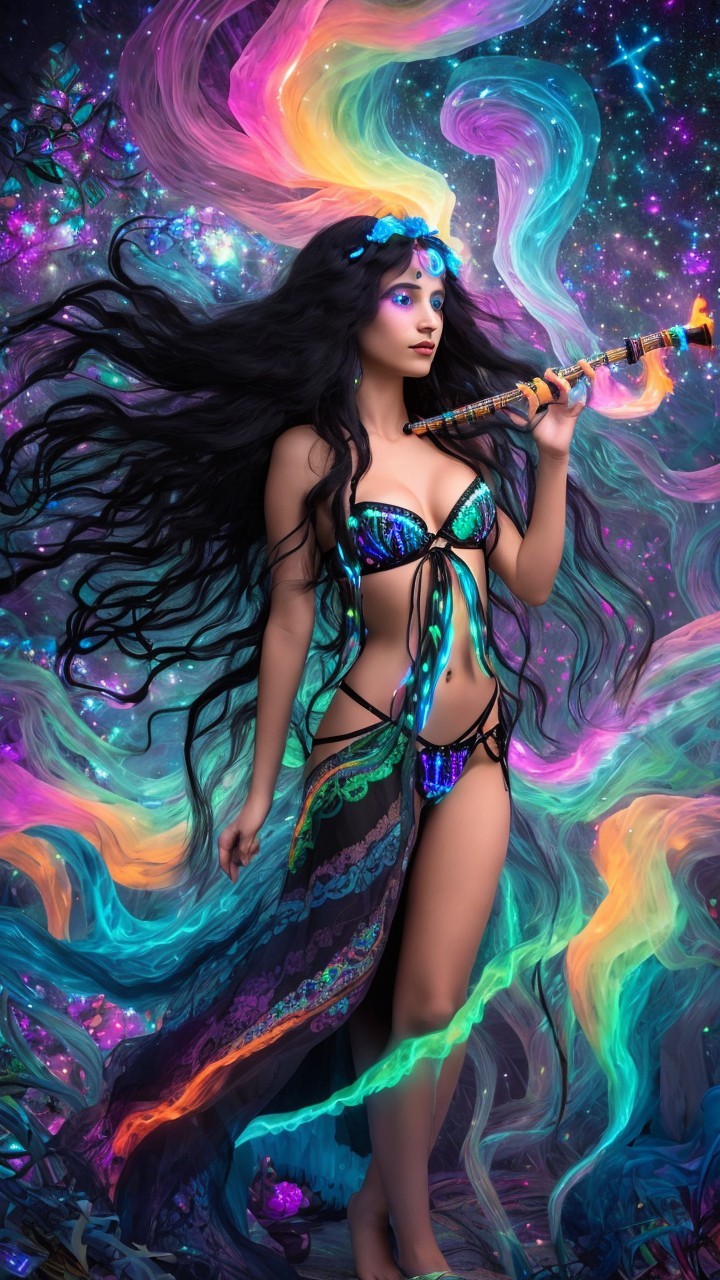 Mystical Figure in Vibrant Cosmic Attire Playing Flute